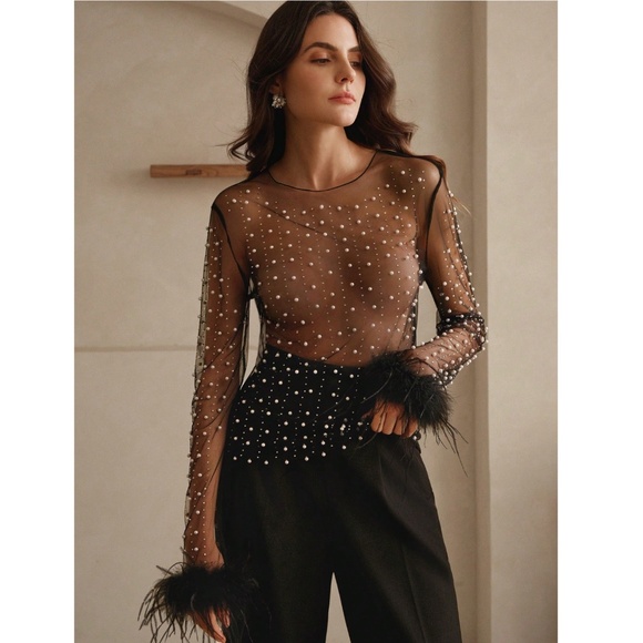 Black Sheer Mesh Long Sleeve Feather Shirt with Faux Pearls Sparkles Beaded - Picture 2 of 14